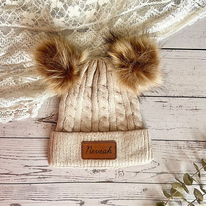 Personalized Children's Beanie with Double Pom Poms