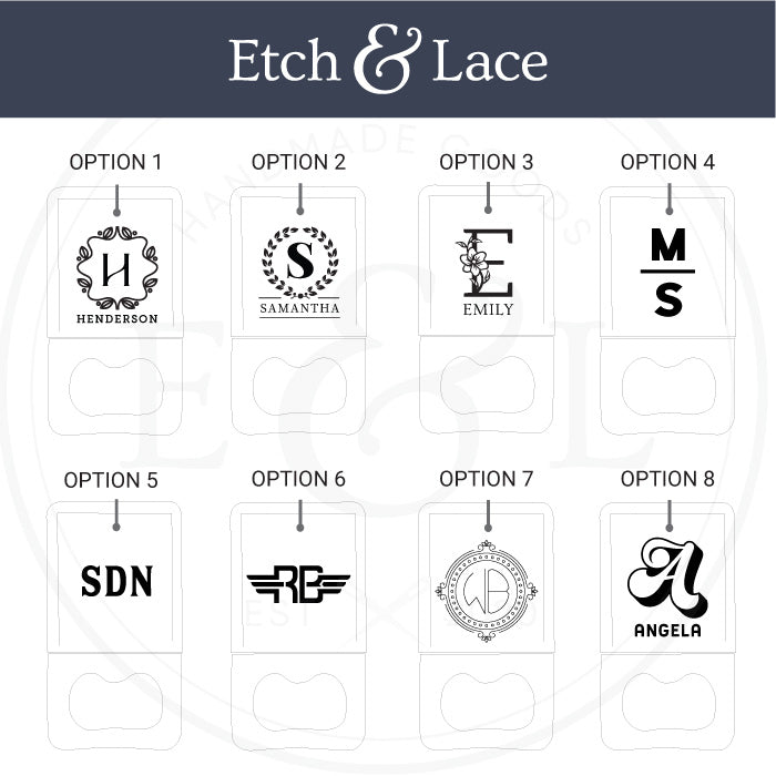 Etch & Lace branding options with various monogram designs on a white background.