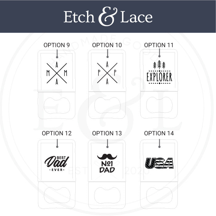 Etch & Lace design options on a white background with brand name at the top.