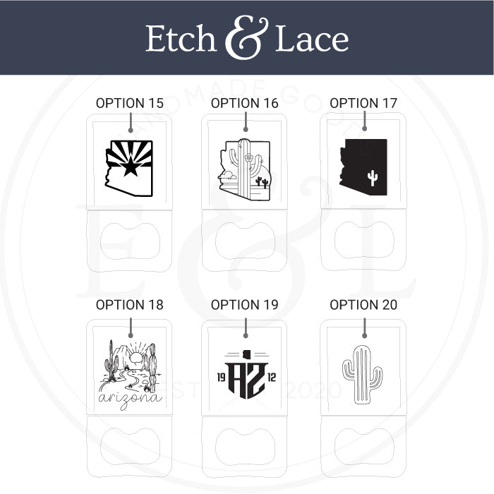 Etch & Lace design options for Arizona-themed products on a white background.