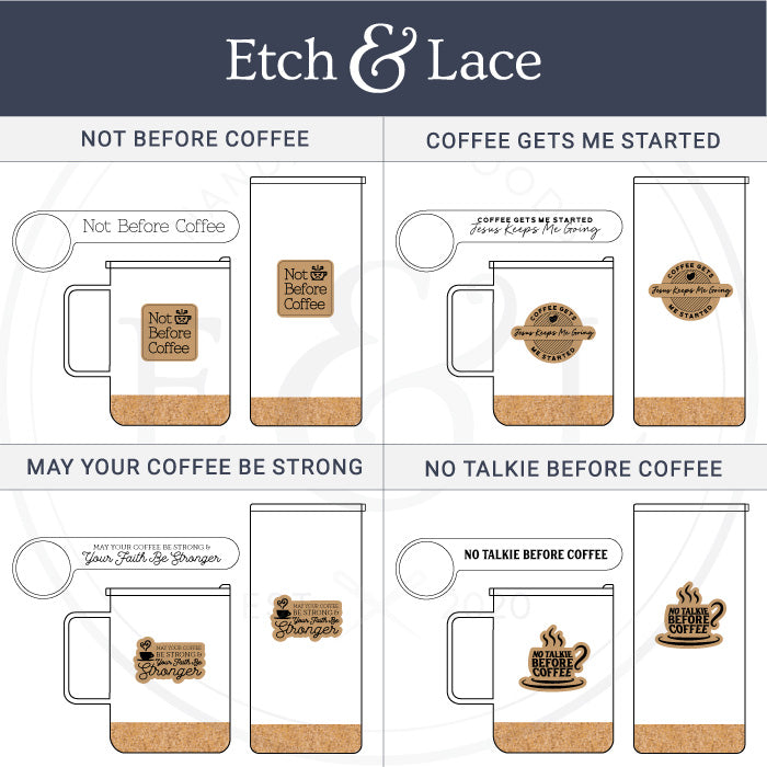 Collection of coffee-themed mugs with wooden bases and decorative stickers from Etch & Lace.
