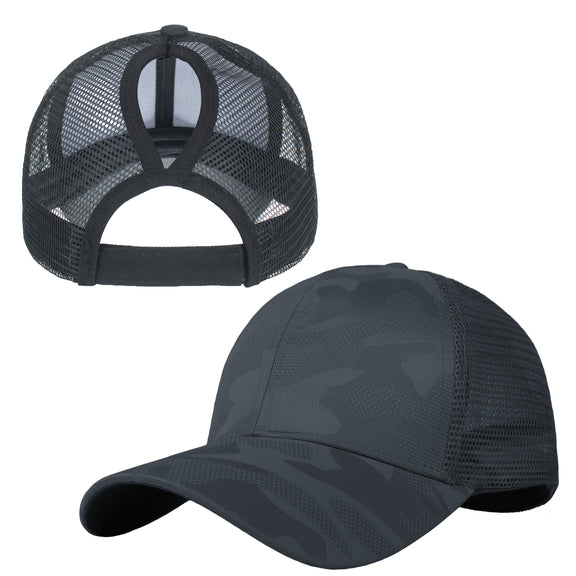 Cross Wood Veneer & Leather Patch Camo Ponytail Hat