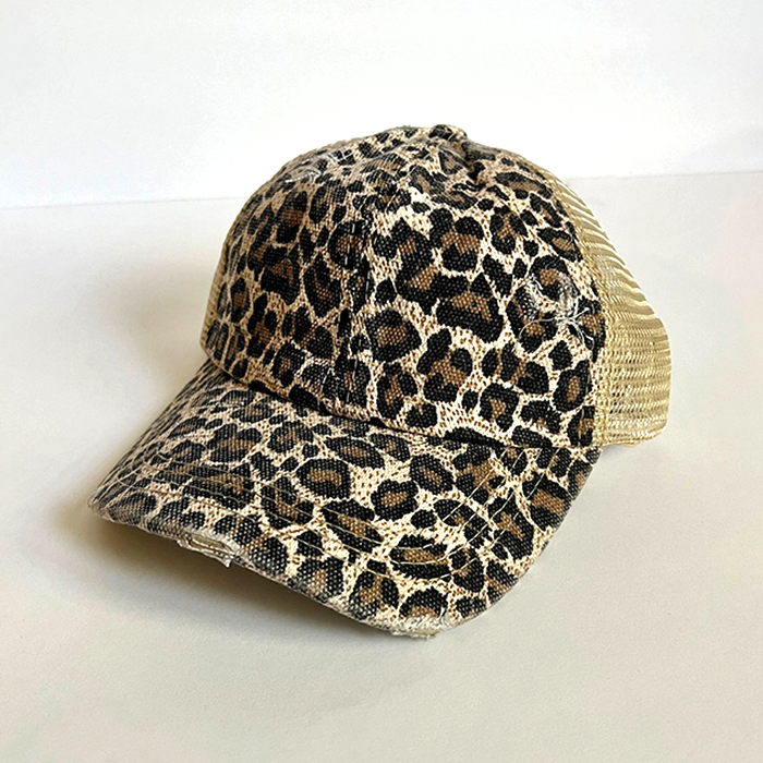 State Abbreviation & Statehood Wood Veneer & Leather Patch Leopard Ponytail Hat