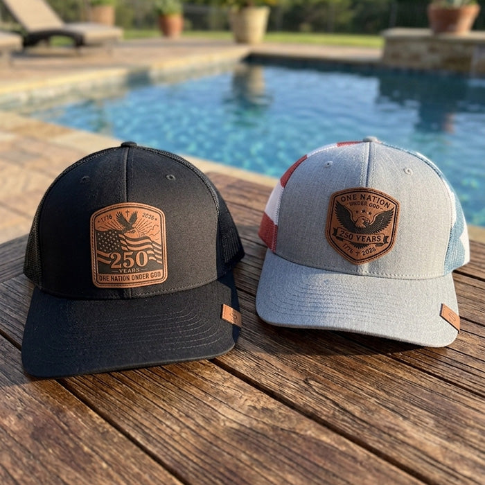 One Nation Under God | America 250 Leather Patch Trucker Hat