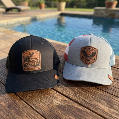 One Nation Under God | America 250 Leather Patch Trucker Hat