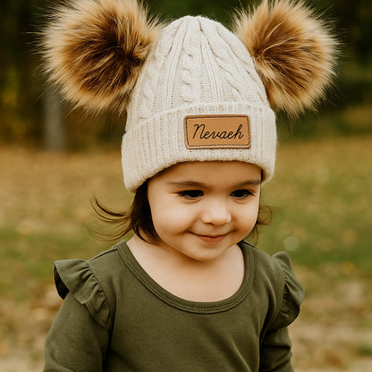 Personalized Children's Beanie with Double Pom Poms