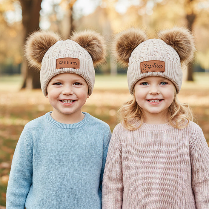 Personalized Children's Beanie with Double Pom Poms