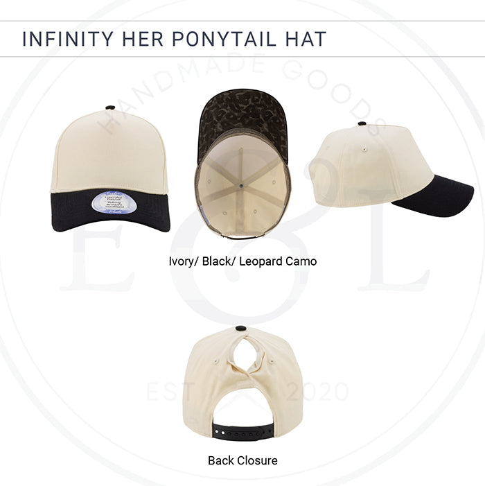 A product collage showing multiple views of a baseball cap labeled 'INFINITY HER PONYTAIL HAT,' with text indicating 'Ivory/ Black/ Leopard Camo' and 'Back Closure.' The cap is shown from front, back, and top-down angles on a white background with a faint watermark.