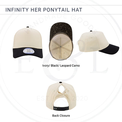 A product collage showing multiple views of a baseball cap labeled 'INFINITY HER PONYTAIL HAT,' with text indicating 'Ivory/ Black/ Leopard Camo' and 'Back Closure.' The cap is shown from front, back, and top-down angles on a white background with a faint watermark.