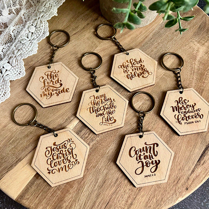 Wooden Scripture Hexagon Keychains