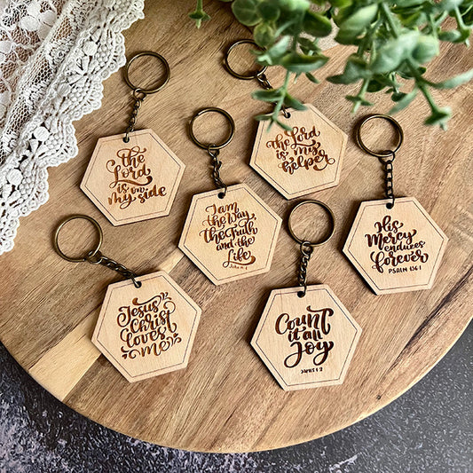 Wooden Scripture Hexagon Keychains