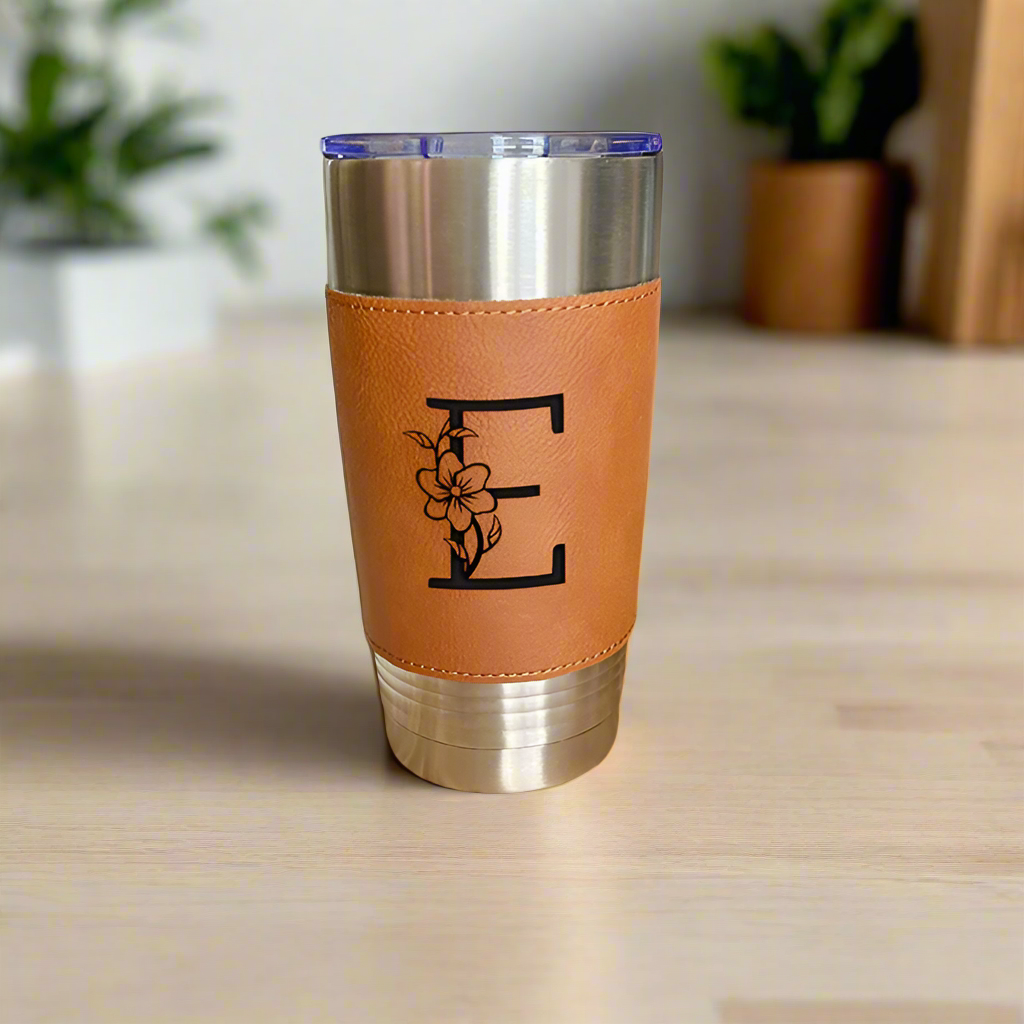Personalized 20oz Tumbler with Custom Engraved Leatherette Sleeve