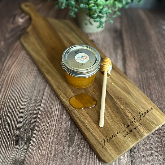 Personalized Acacia Wood Cutting Board Set with Local Honey & Dipper