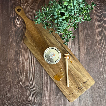 Personalized Acacia Wood Cutting Board Set with Local Honey & Dipper