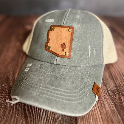 Arizona State Saguaro Wood Veneer & Leather Patch Distressed Ponytail Hat