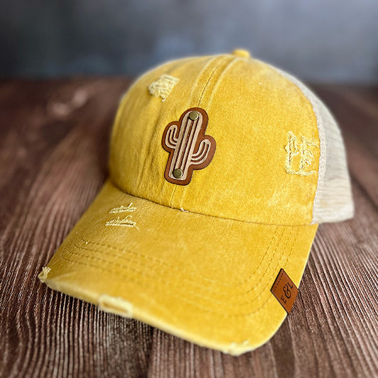 Saguaro Wood Veneer & Leather Patch Distressed Ponytail Hat