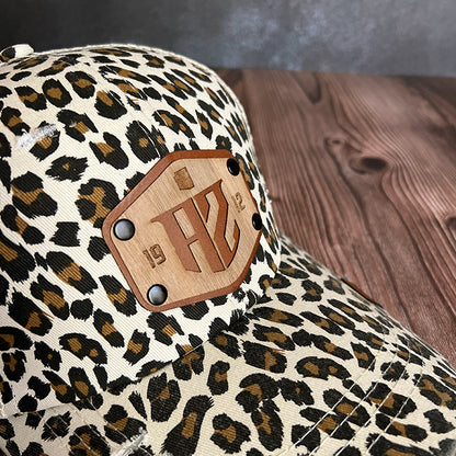 State Abbreviation & Statehood Wood Veneer & Leather Patch Leopard Ponytail Hat