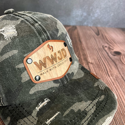 WWJD Wood Veneer & Leather Patch Camo Ponytail Hat