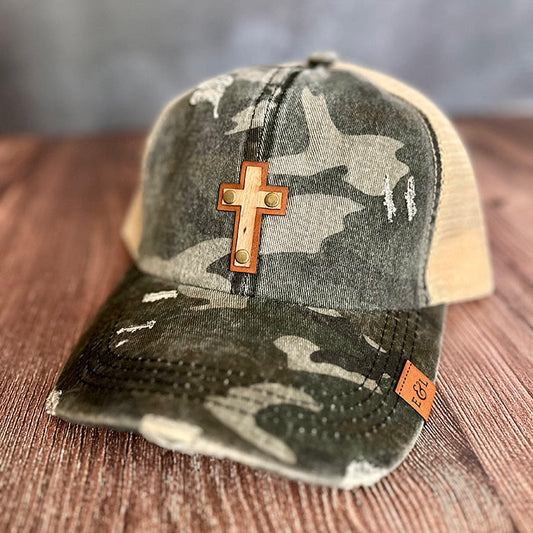 Cross Wood Veneer & Leather Patch Camo Ponytail Hat