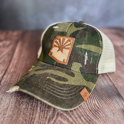 AZ State Flag Wood Veneer & Leather Patch Camo Ponytail Hat