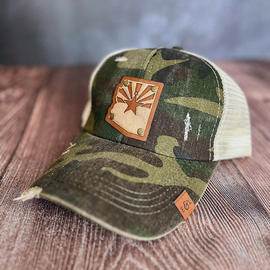 AZ State Flag Wood Veneer & Leather Patch Camo Ponytail Hat