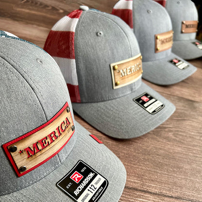 *Merica Wood Veneer & Leather Patch Trucker Hat