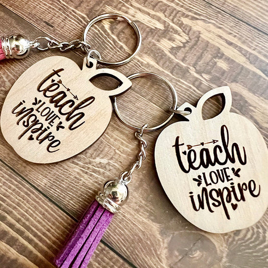 Teach, Love, Inspire Wood Apple Keychain