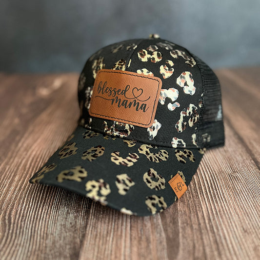 Blessed Mama Leopard Ponytail Hat