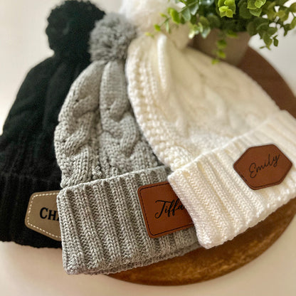 Personalized Pom Cable Knit Beanies