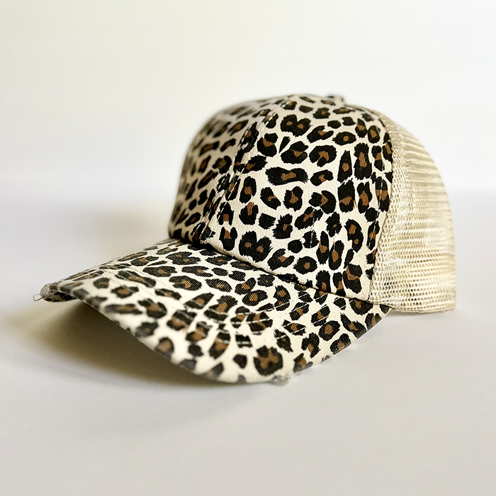 State Abbreviation & Statehood Wood Veneer & Leather Patch Leopard Ponytail Hat