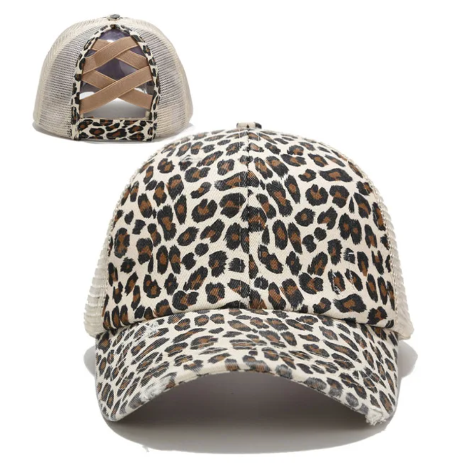 State Abbreviation & Statehood Wood Veneer & Leather Patch Leopard Ponytail Hat