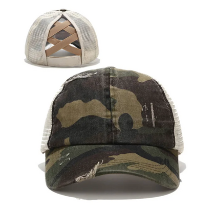 Cross Wood Veneer & Leather Patch Camo Ponytail Hat