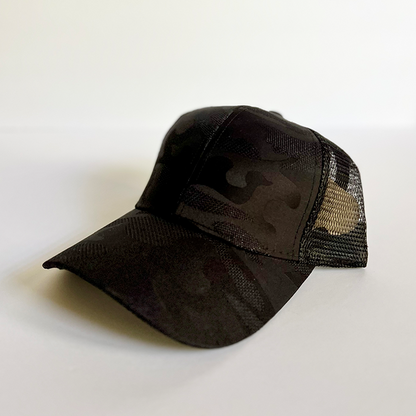 Cross Wood Veneer & Leather Patch Camo Ponytail Hat