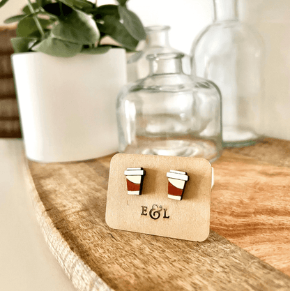 Coffee Cup Wooden Stud Earrings