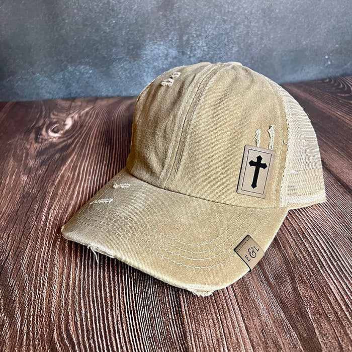 Cross Distressed Ponytail Hat