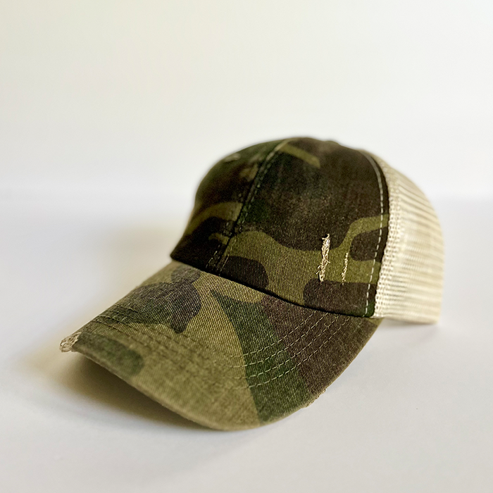 Cross Wood Veneer & Leather Patch Camo Ponytail Hat