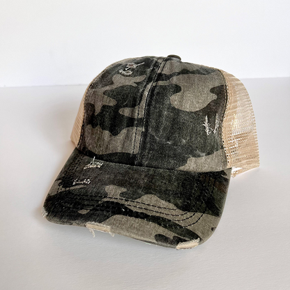 Cross Wood Veneer & Leather Patch Camo Ponytail Hat