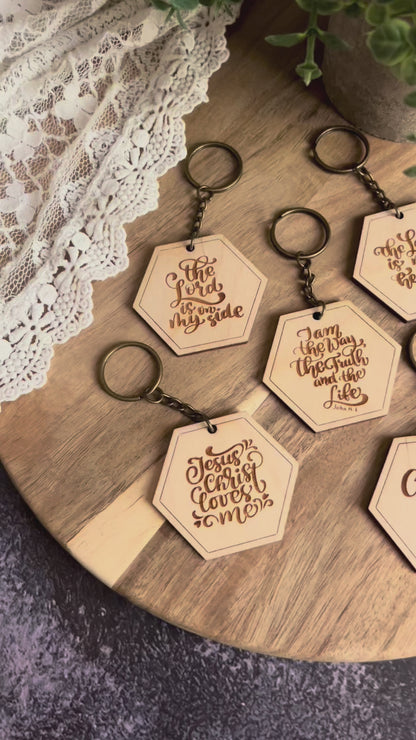 Wooden Scripture Hexagon Keychains