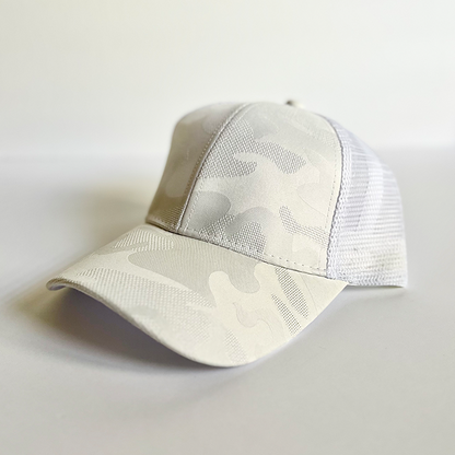 Cross Wood Veneer & Leather Patch Camo Ponytail Hat